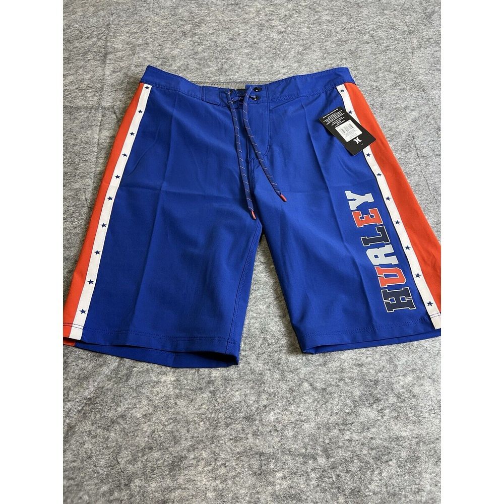 New USA Hurley Board Shorts Mens 28 9.5" Shorts Red White Blue Stars Swim Trunks